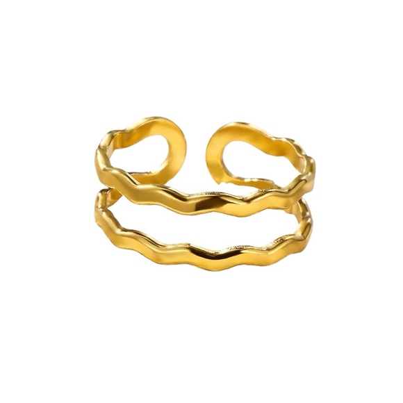 423. 18k Gold plated Stainless Steel Double Wave Adjustable Ring - Picture 6 of 7